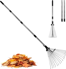 Heavy Duty Adjustable Metal Leaf Rake with Long Handle for Lawn Care