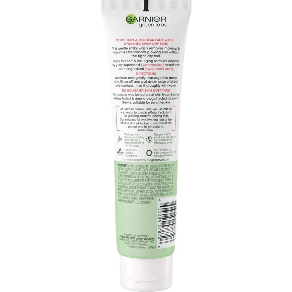 Nuevo limpiador lavable lechoso suavizante Hyalu-Melon Garnier Green Labs, 4,4 oz Foto 2 de 2