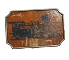 Vintage BTS Solid Brass Belt Buckle w/ Inlaid Leather Locomotive Train USA