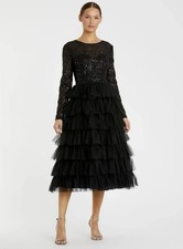 Mac Duggal 26299 Sz 16 Black Tea Length Sequins Tulle Ruffle Gown $498