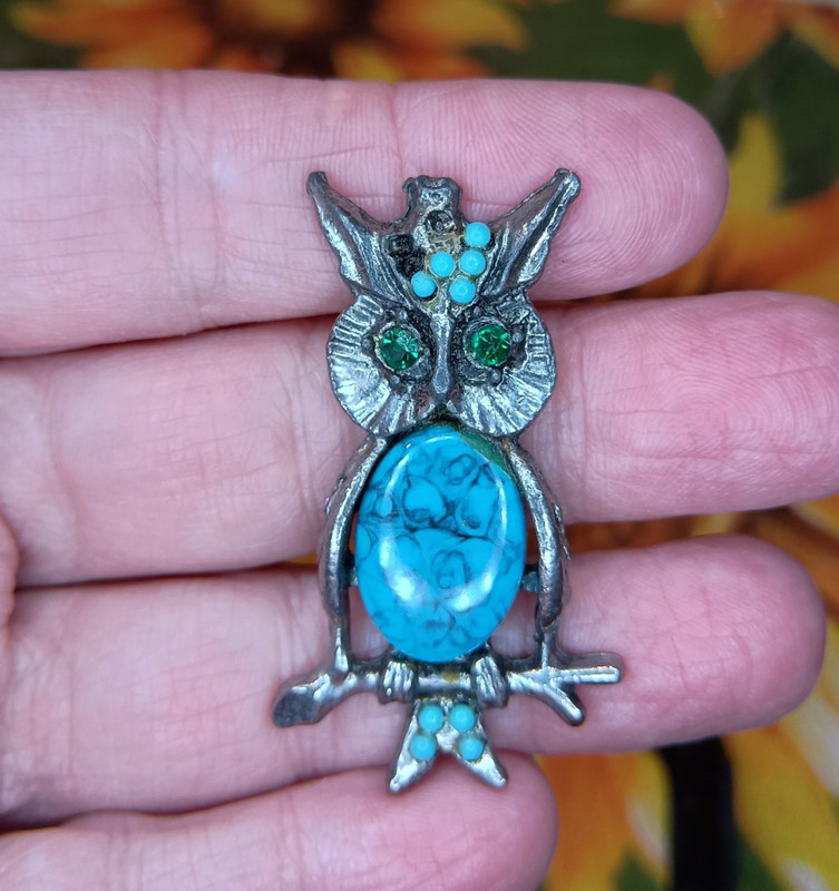 Vintage Owl Pendant Faux Turquoise Green Rhinestone Eyes * Needs Some Love