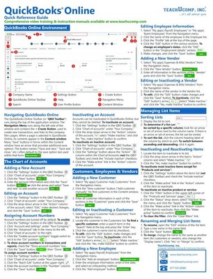QuickBooks Online Quick Reference Training Card - Laminated Tutorial Guide Cheat