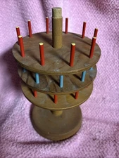 ANTIQUE Sewing THREAD Holder Caddy PIN CUSHION Wood Turned teired 29 wood spools