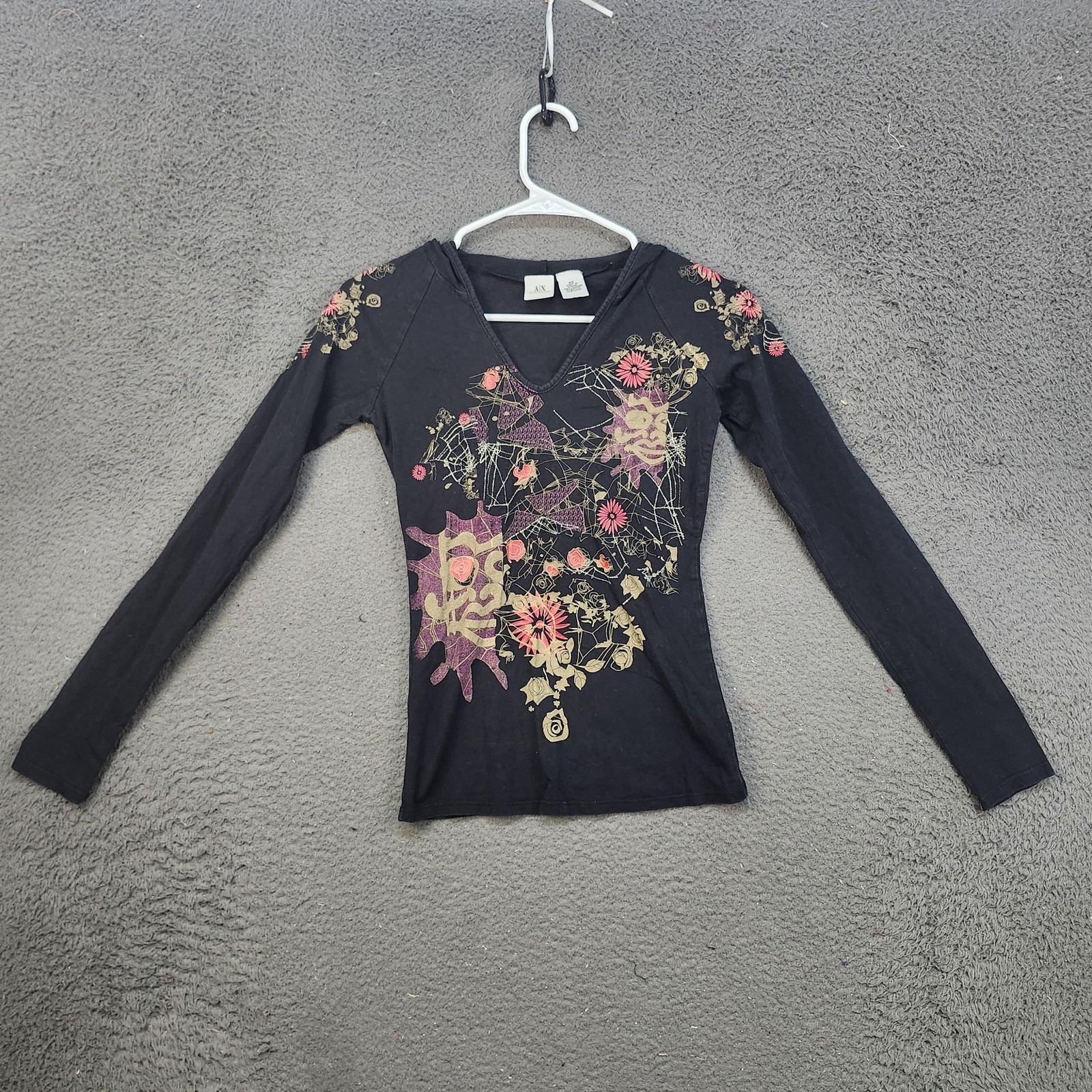 Armani Exchange Shirt Womens XS Black Graphic Long Sleeve Hooded V Neck Top