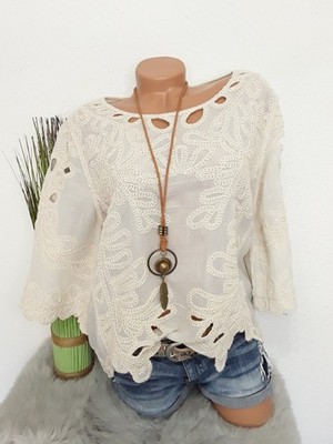 Damen  Bluse Bohemian Boho IBIZA Style NEU 38 40/42 beige Stickerei Glockenärmel