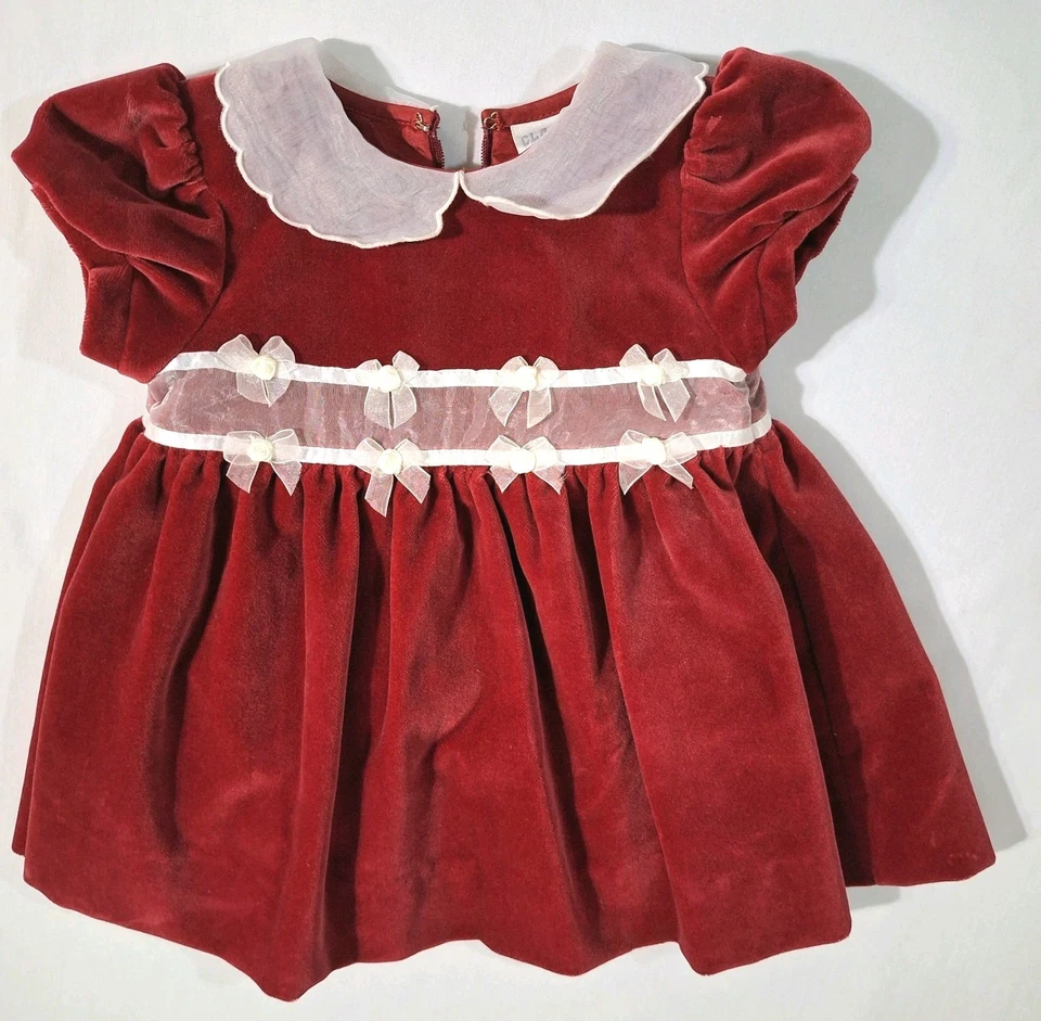 Vestido Vintage Bebé Terciopelo Navidad 3-6 Meses Clase Club Tul Gasa Lazos Usado en Excelente Condición Foto 3 de 4