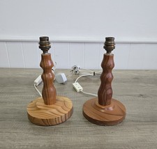 Pair of Rustic Wooden Turned Table Lamps Fully Working Vintage Retro 