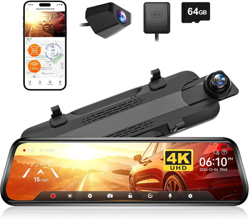WOLFBOX G930 10'' Rear View Mirror Camera with 5.8GHz WiFi, 4K Dash Cam Front an