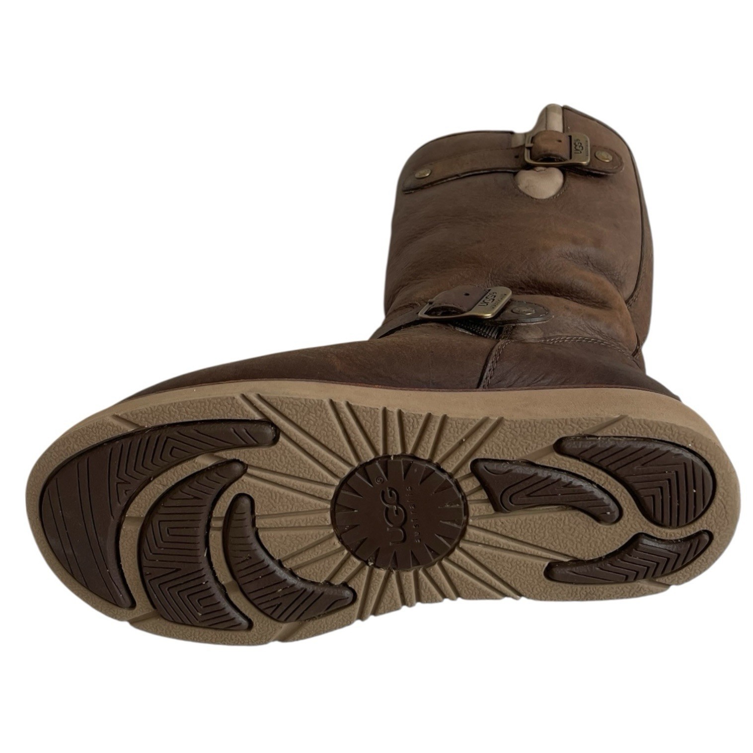 UGG Australia Sutter Brown Leather Sheepskin Mid Calf Buckle Boots Women’s 6 image 4