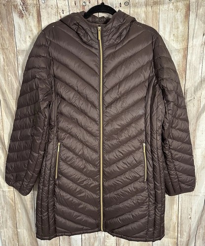 Michael Kors Packable Down Puffer Coat Brown Hooded Zip Jacket Women XL EUC