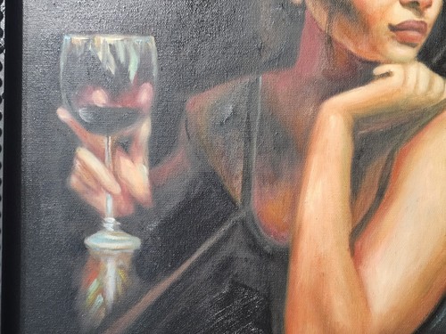 FABIAN PEREZ "Saba With Glass Of Red Wine" Canvas Painting Framed 29.5"×25.5" - Picture 13 of 16