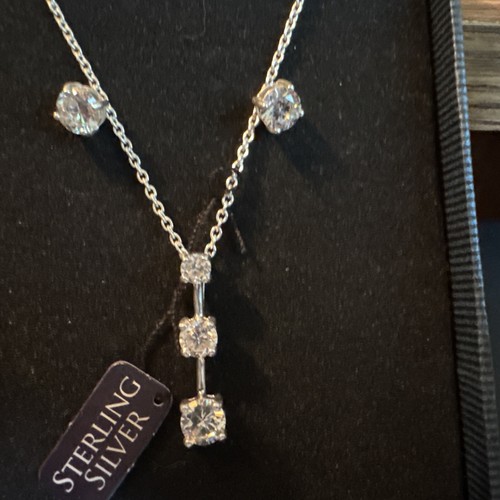 NEW, Sterling Silver Necklace with Cubic Zirconia Pendant And Earrings Set - Picture 9 of 16