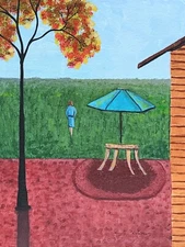 Painting  Backyard Patio Tree Woman Alone Table Autumn Fall Original Signed Art