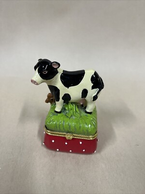 Vintage Cow in Pasture on top of Ceramic Trinket Red Box Hand Painted