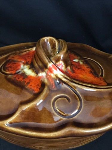 Vintage Maurice of California Dish with Lid 9” Long 1M-100 Pottery Brown Orange - Picture 5 of 10