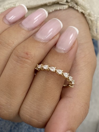 Pear Cut Lab Created Diamond Half Eternity Ring 14k Yellow Gold Prong Set 0.4 Ct - Picture 9 of 10