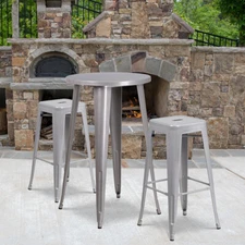 24'' Round Silver Metal Indoor-Outdoor Restaurant Bar Table Set w/2 Barstools