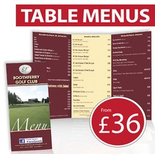 Restaurant Table Menus printed full colour 2-sided A3, A4, A5 option to laminate