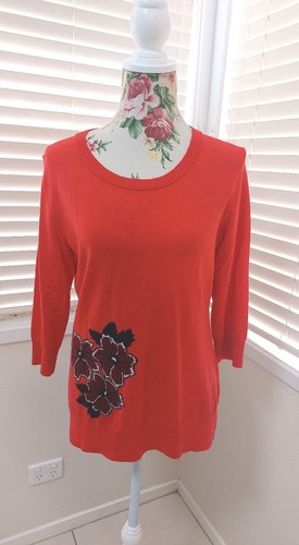 Womens Sportscraft Floral 3/4 Sleeve Round Neck Merino Wool Knit Red Jumper 12 M