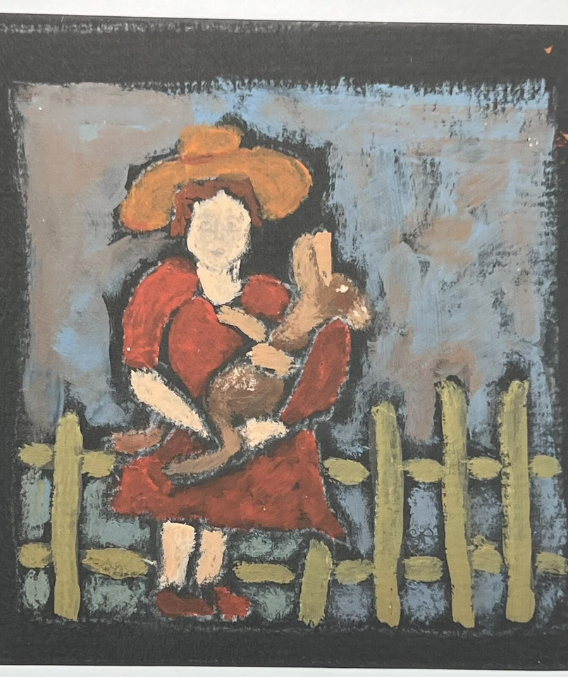 Pintura guache Sandra Pape 5x5” feminina levando gato A para passear a pé arte popular - Imagem 2 de 4