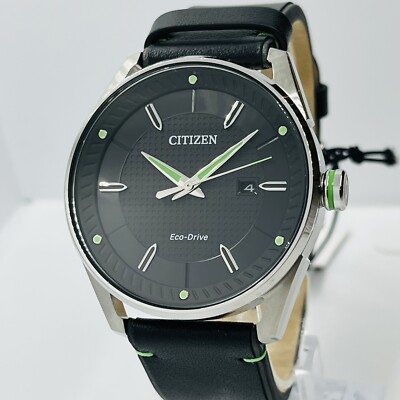 Citizen Men's Eco-Drive Black/Green St Steel 42mm Leather Watch
