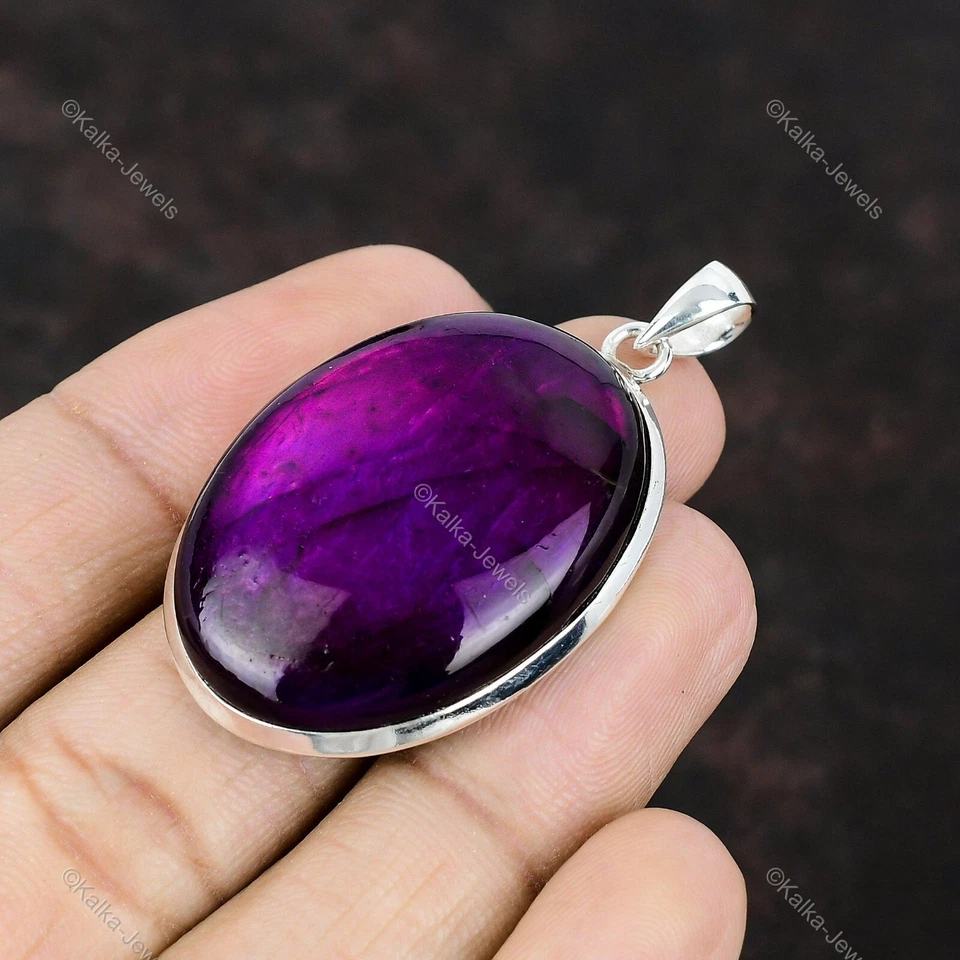 Colgante de plata de ley 925 con piedras preciosas de labradorita de fuego púrpura natural para mujer Foto 4 de 4