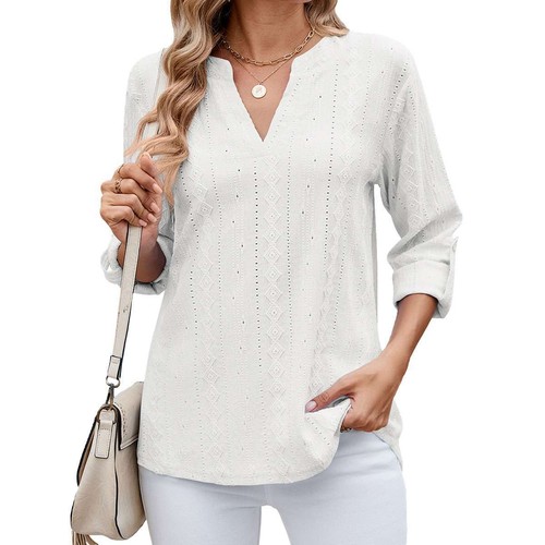 Women's 3/4 Sleeve V-Neck T-Shirt Summer Casual Solid Color Loose Tops Blouse US - Picture 25 of 26