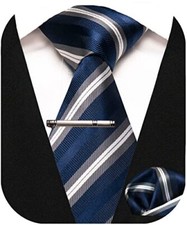 Silk Stripe Plaid Tie and Pocket Square with Tie Clip Sets Navy White Stripe