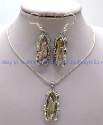 Abnormal Unregelmäßig Inlay Biwa Barock Perle Anhänger Halskette Ohrringe 45cm - Bild 1 von 4
