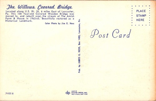 Postcard Lancaster Pa. The Willows Covered Bridge Dutch Country Vintage UNP - Picture 2 of 2