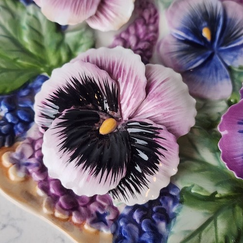 3D Flowers & Butterfly Hand Painted Ceramic Plate Blue Purple - Picture 3 of 7