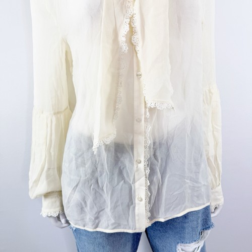 PINKO Ivory Long Sleeve Sheer Silk Blouse Size 8 Crochet Lace Hem Coquette Boho - Picture 7 of 13