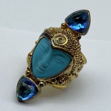 Vintage Sajen Sterling Silver 925 Blue Carved Goddess Face Ring Size 4.5