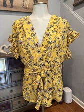 Woman  s Yellow Floral Blouse W/ Deep V Neck. Tie Front Or Side W/ Elastic Back