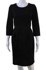 J Crew Women Sheath Dress Black Wool 3/4 Sleeve Crew Neck Size 2