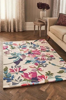 Hnadmade Cream floral rug Hand Tufted Wool Area Rug Hand loop cut Wool Rug