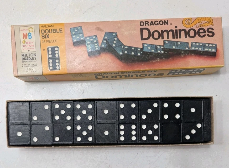 Vtg Dragon Dominoes Halsam Double Six Milton Bradley 28 Pieces 4130 Made In USA - Image 3 of 4