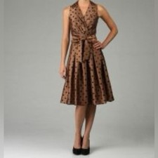 Jessica Howard tea length brown and black polka dot pinup style dress size 6