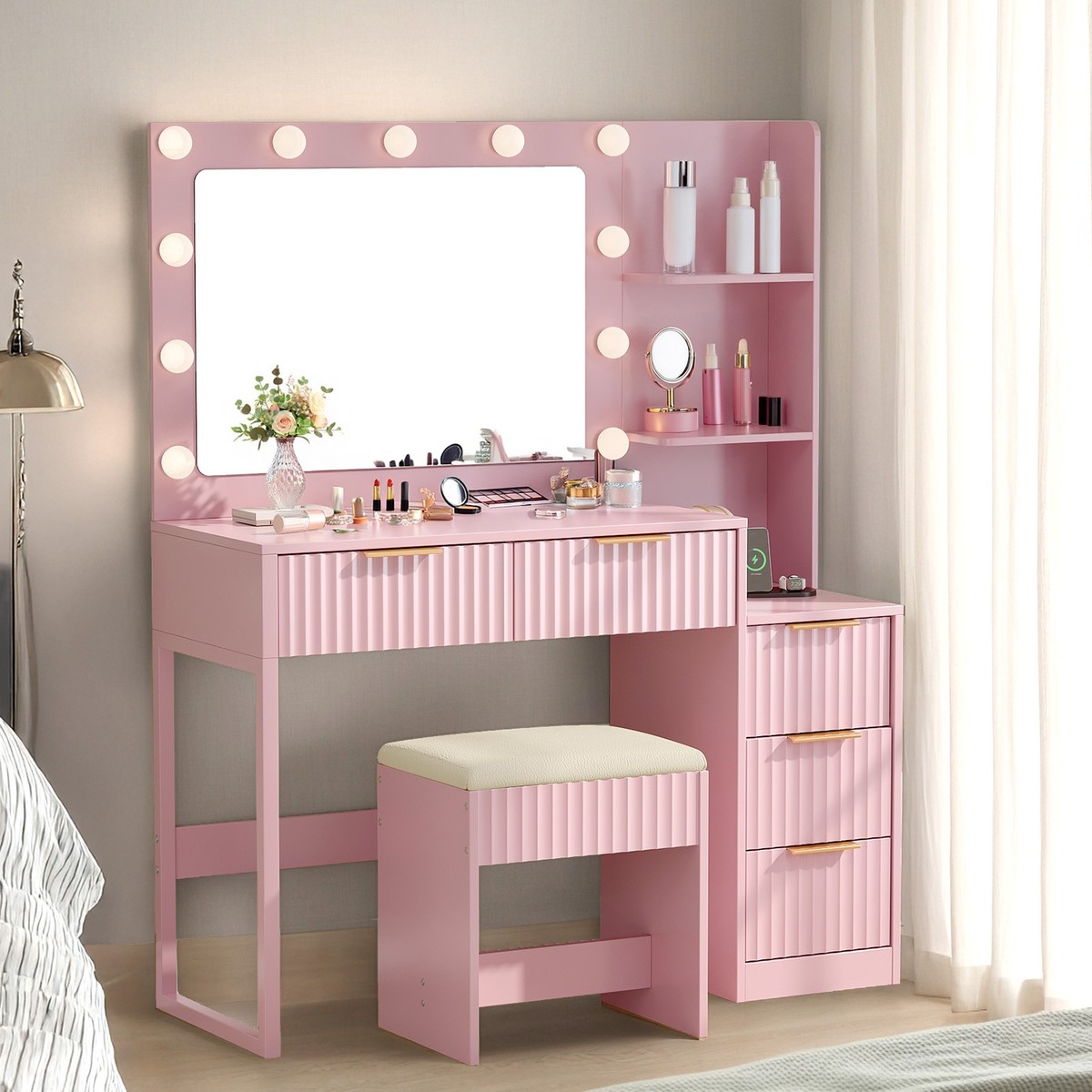 【journal standard】 LILLE VANITY DESK 鏡台 Vanity Desk with Mirror & Lights & USB Ports, Fluted 5-Drawer