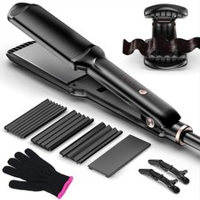 Hair Crimper Waver, Professional Hair Straightener Beach Waves Curling with 4...