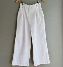 FRNCH Paris SM White Crinkle Cotton Wide Leg High Rise Crop Trouser Pant Coastal