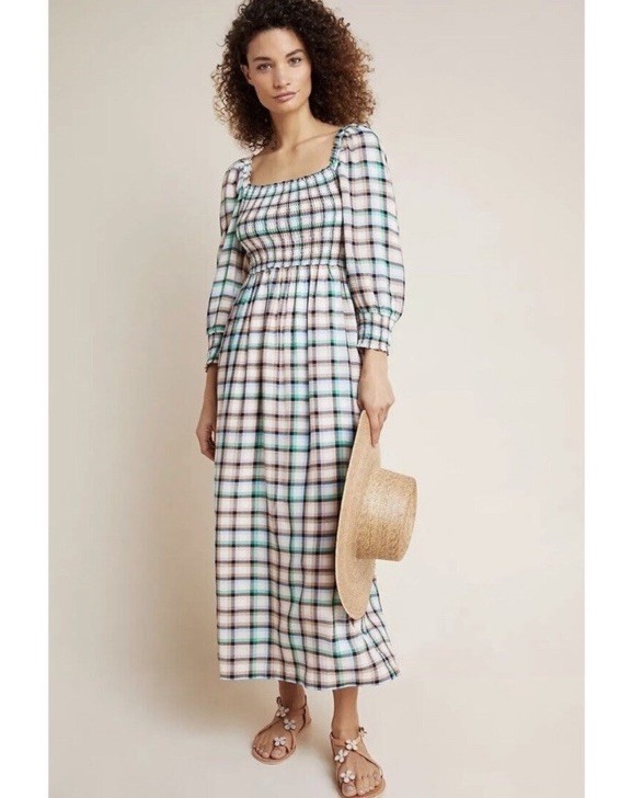 anthropologie green plaid dress Maeve Cerie Smocked Maxi Size S 50D