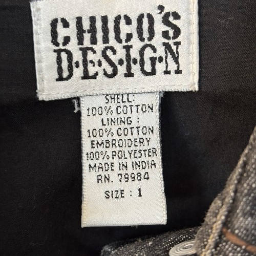 Chicos Floral Gray Denim Jean Jacket Size 8 Gray Button Up Embroidery - Picture 2 of 11