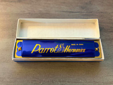 VINTAGE PARROT HARMONICA 16 HOLES IN ORIGINAL BOX BLUE  GOLD