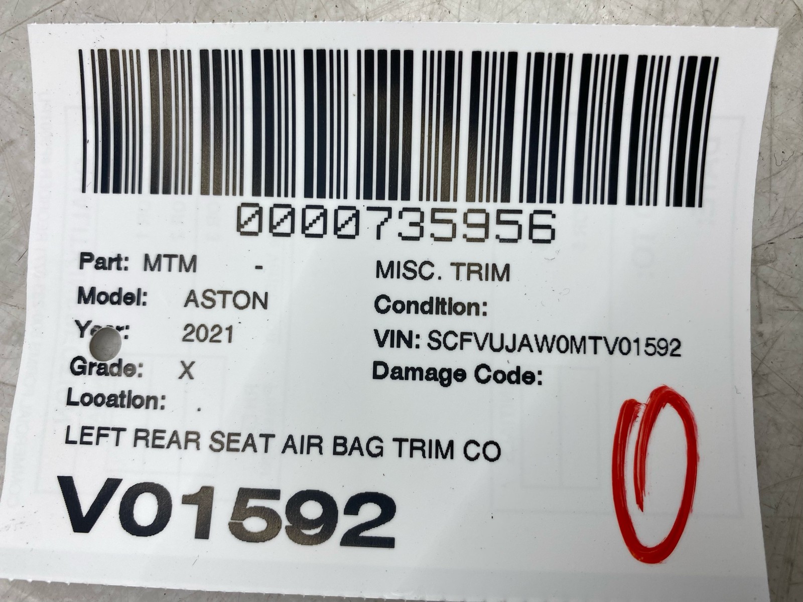 2020-2025 ASTON MARTIN DBX LEFT REAR AIR SEAT BAG TRIM PANEL *BAG NOT INCLUDED*