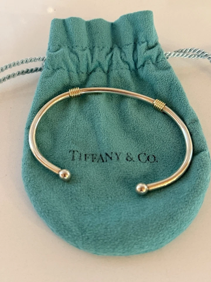 TIFFANY & CO STERLING SILVER 18K 750 YELLOW GOLD DOUBLE COIL 4mm CUFF BRACELET - Image 3 of 4