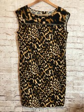 Calvin Klein Dress Womens Large Brown Cheetah Leopard Sheath Sleeveless Zip