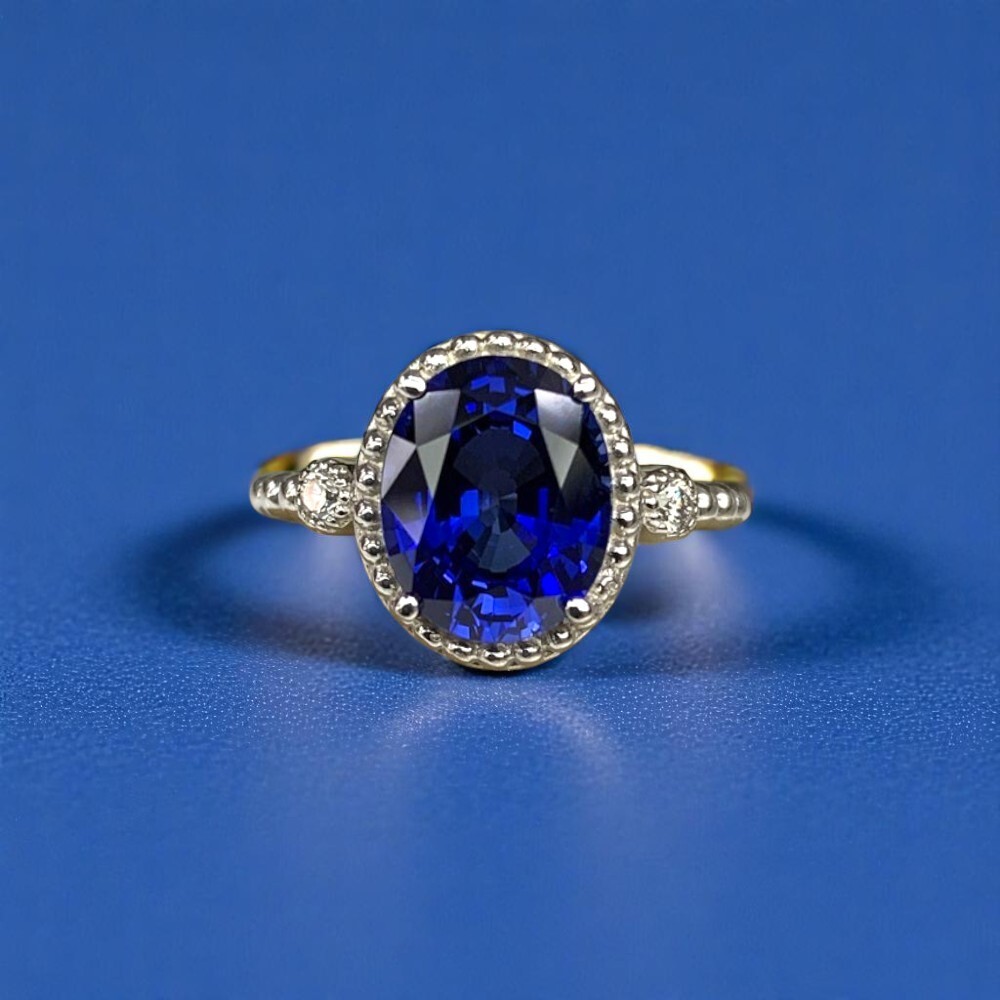 Diamond Engagement Ring 4.10 Ct Lab Grown Oval Cut Blue Sapphire 14k White Gold-image
