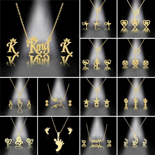 Gold Plated Heart King Pendant Necklace Earrings Stainless Steel Women Jewelry