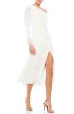 Mac Duggal White One-Shoulder Long Sleeve Chiffon Midi Dress Sz 14 $358